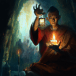 Siamese Sorceror performing Incantations in a dark cave with low candlelight