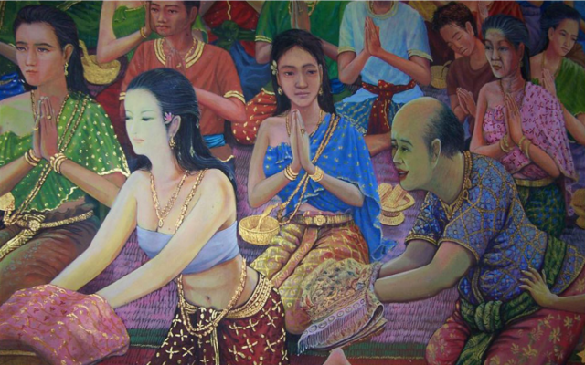 Khun Chang and Plai Gaew in a painted scene from the literary legend of Khun Chang Khun Phaen